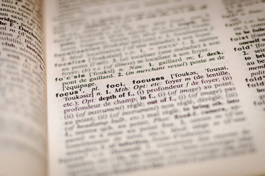 A dictionary showing the page with the word "focus".