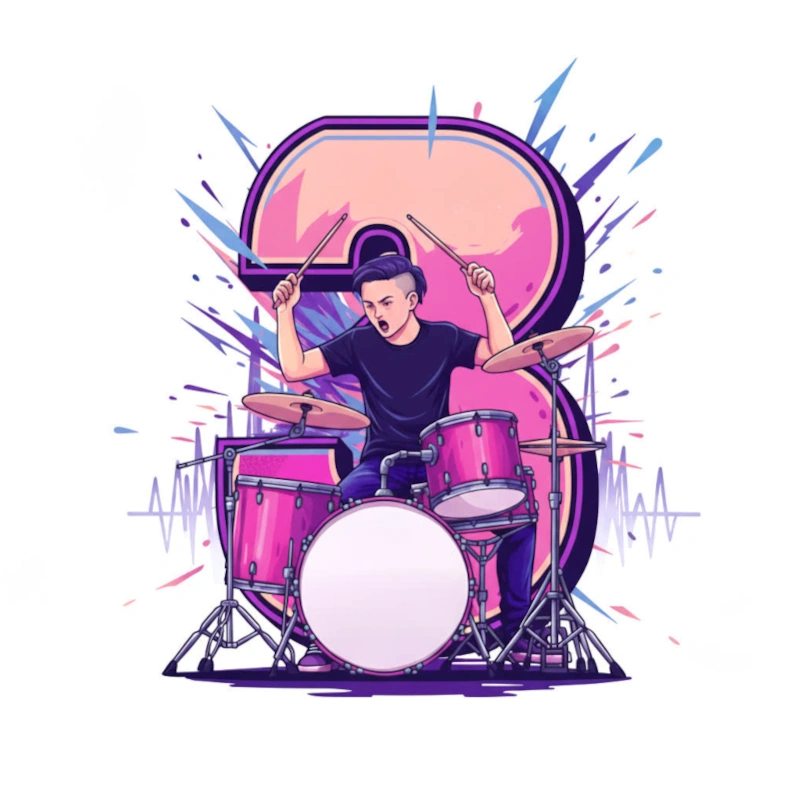 A young man is playing the drums. In the background stands the figure three in violet/pink.