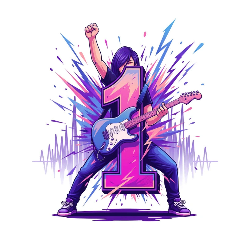 A young man is playing the guitar. In the background stands the figure one in pink/violet..