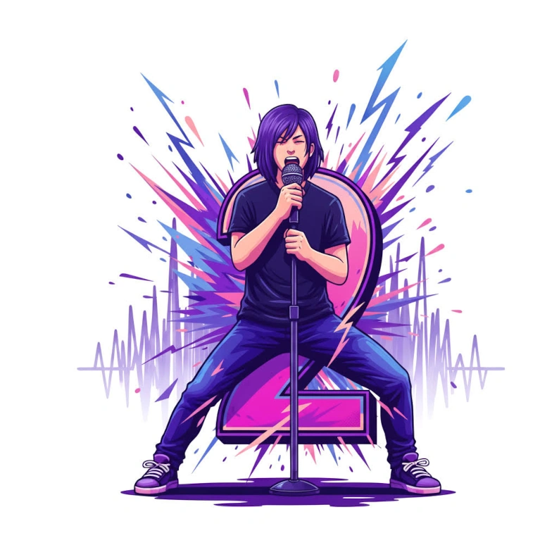 A young man is singing holding a microphone. In the background stands the figure two in violet/pink.