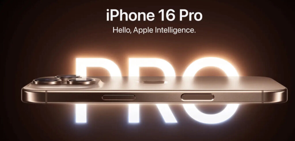 Ad per Iphone 16 Pro. Sullo sfondo la scritta PRO illuminata e in primo piano il telefono. Il claim recita: "Hello, Apple Intelligence".