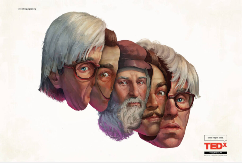 Ad per TEDx. Teste di personaggi famosi che si aprono a matrioska: Leonardo da Vinci, Salvador Dalì, Andy Warhol.