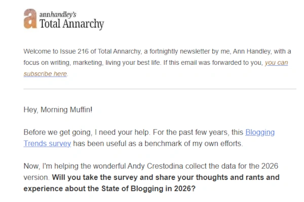 Esempio tratto dalla newsletter di Ann Handley "Total Annarchy".