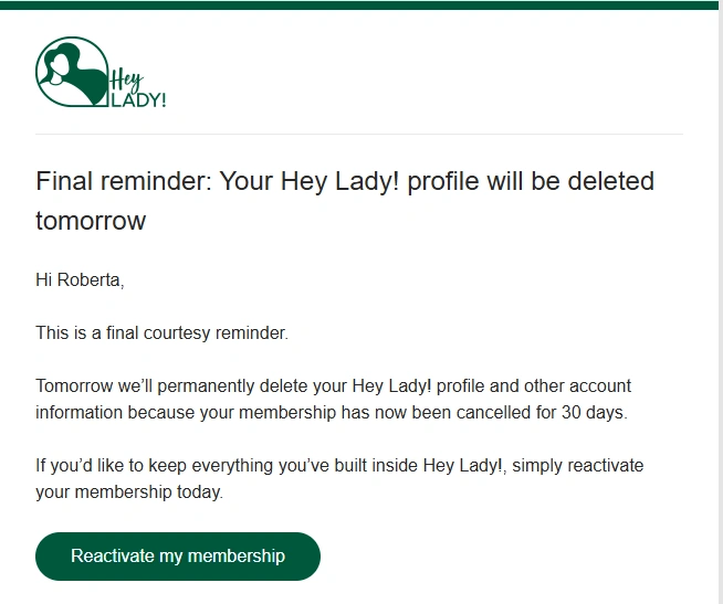 Esempio email di servizio di HeyLady!