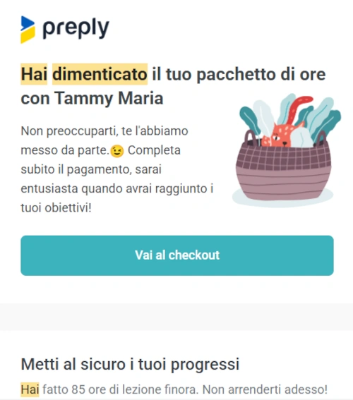 Esempio mail carrello abbandonato di Preply.