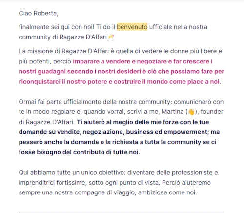 Esempio mail di benvenuto di Ragazze D'Affari.