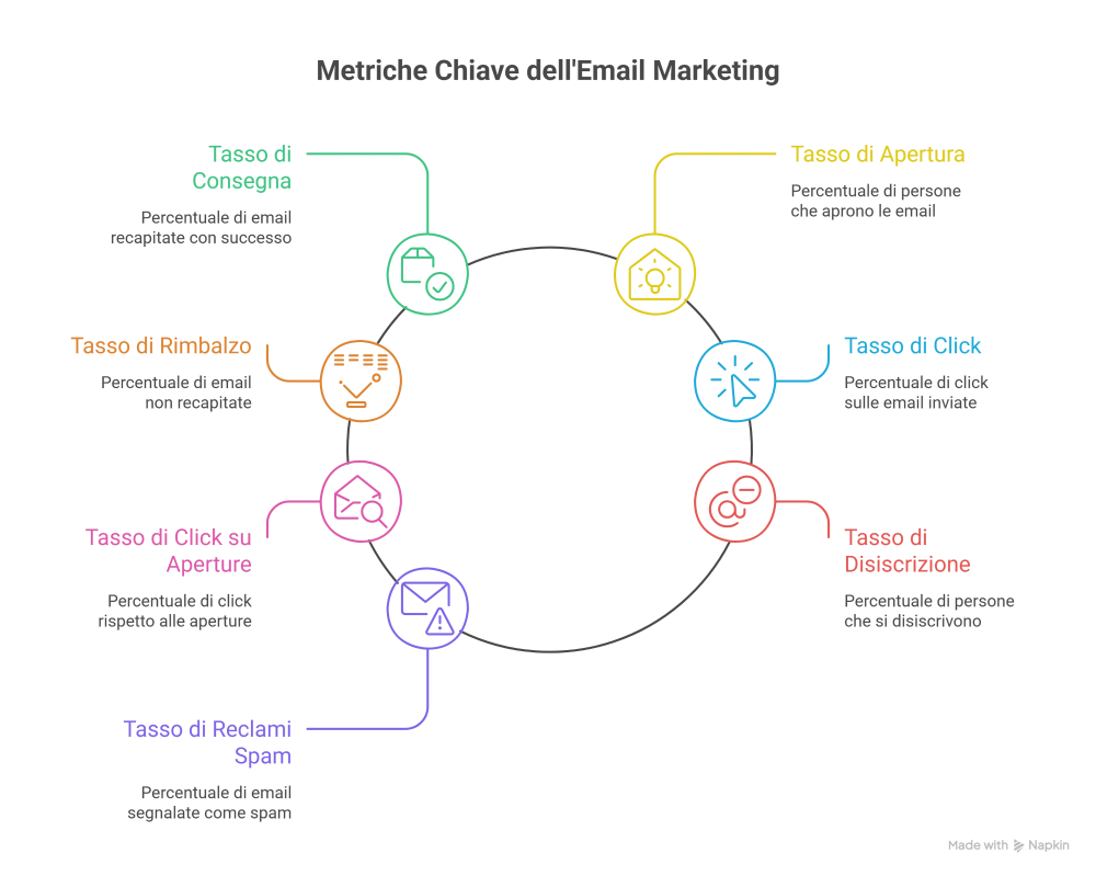 Schema che risssume le principlai metriche per l'email marketing.